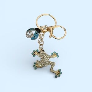 Mint Frog and Ladybug Gold Tone Keychain with Blue Details